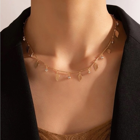 Gold 4/$25 Leaf & Rhinestone Necklace - Picture 1 of 2